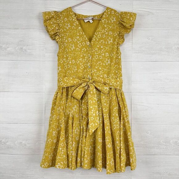 Evereve Cleobella Zia Mini Dress Small Printed Yellow Flutter Sleeve V Neck - Picture 3 of 16